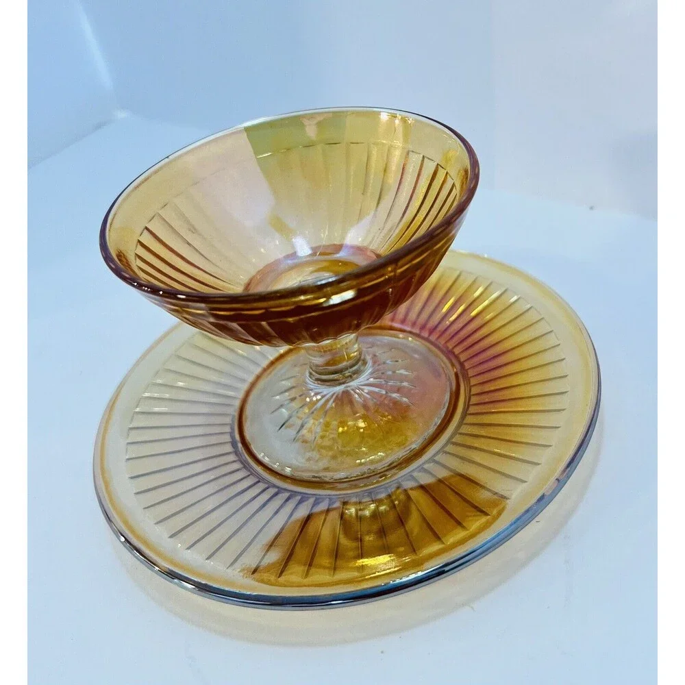 Imperial Marigold Carnival Glass Sherbet Dish & Underplate Vintage Set